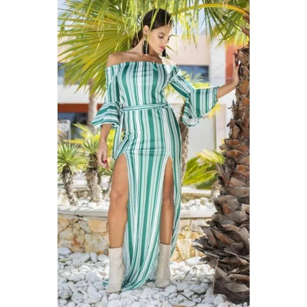 PL51458 Off The Shoulder Flare Sleeve Striped Maxi Dress - Picture 2 of 9